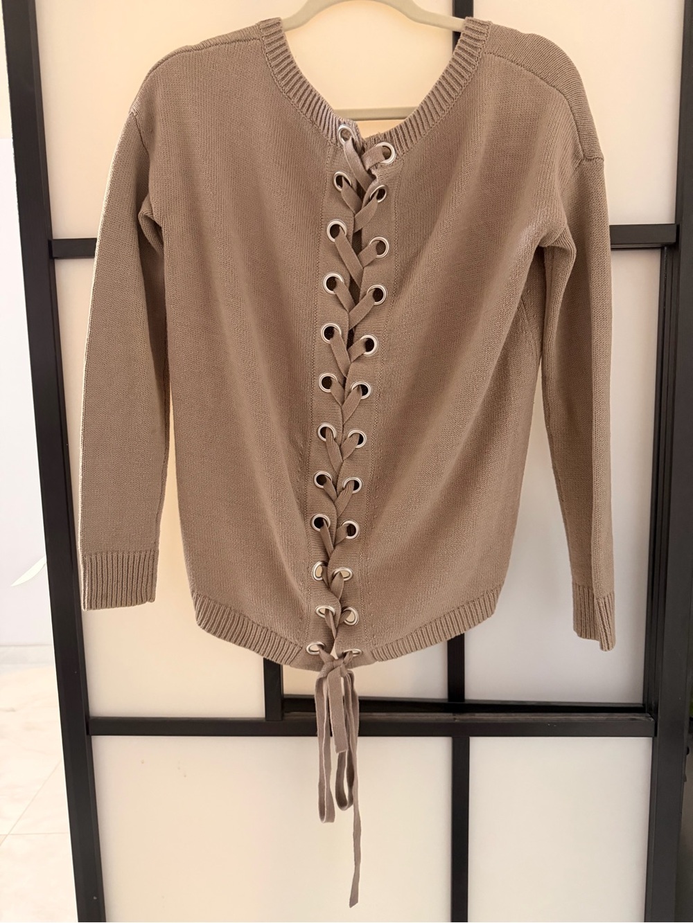 EXPRESS Lace Up Sweater XXS Taupe Long Sleeve Grommet Knit
